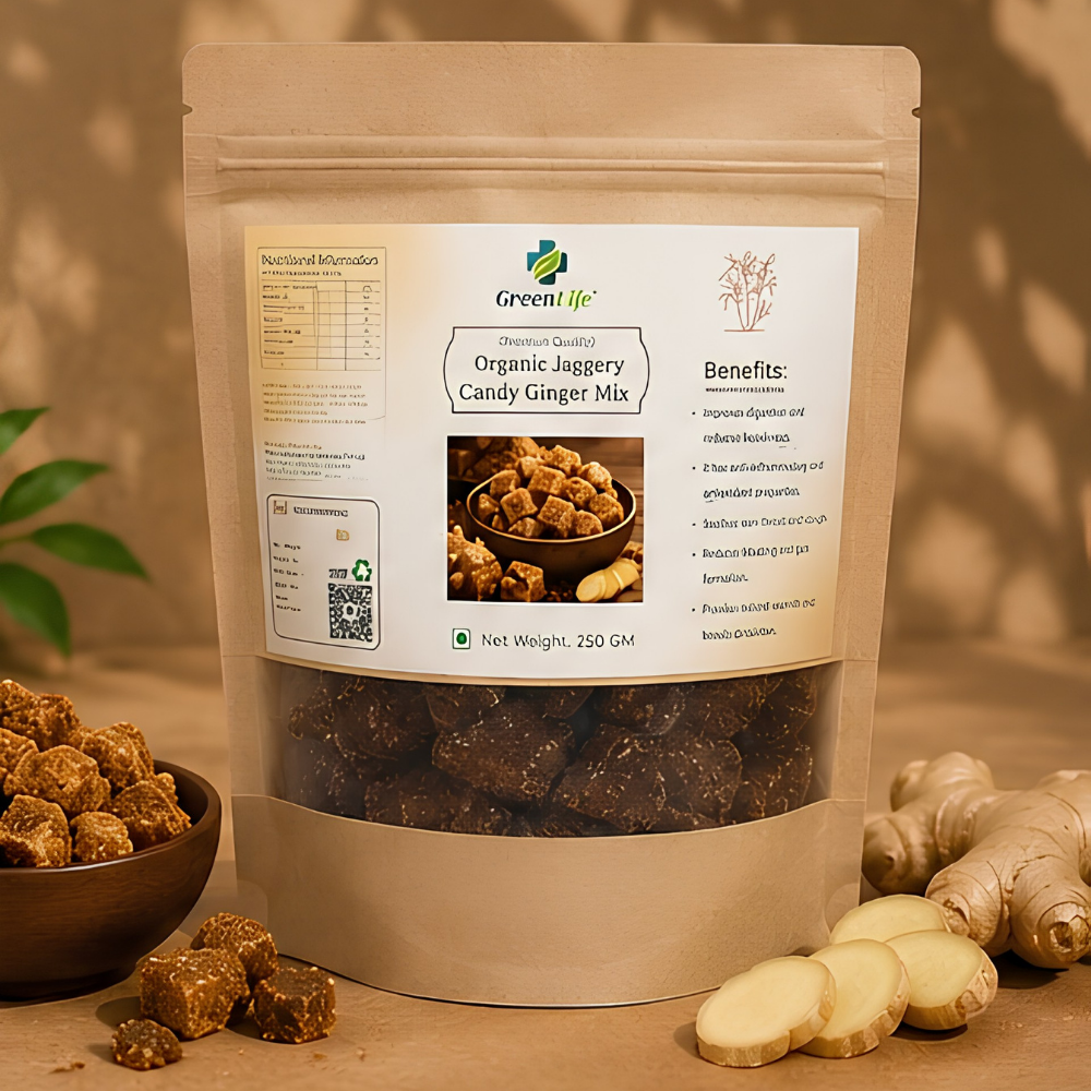 Organic Jaggery Candy Ginger Mix 250g | Natural Desi Gur Ginger Candy | Traditional Sweet & Spicy Snack