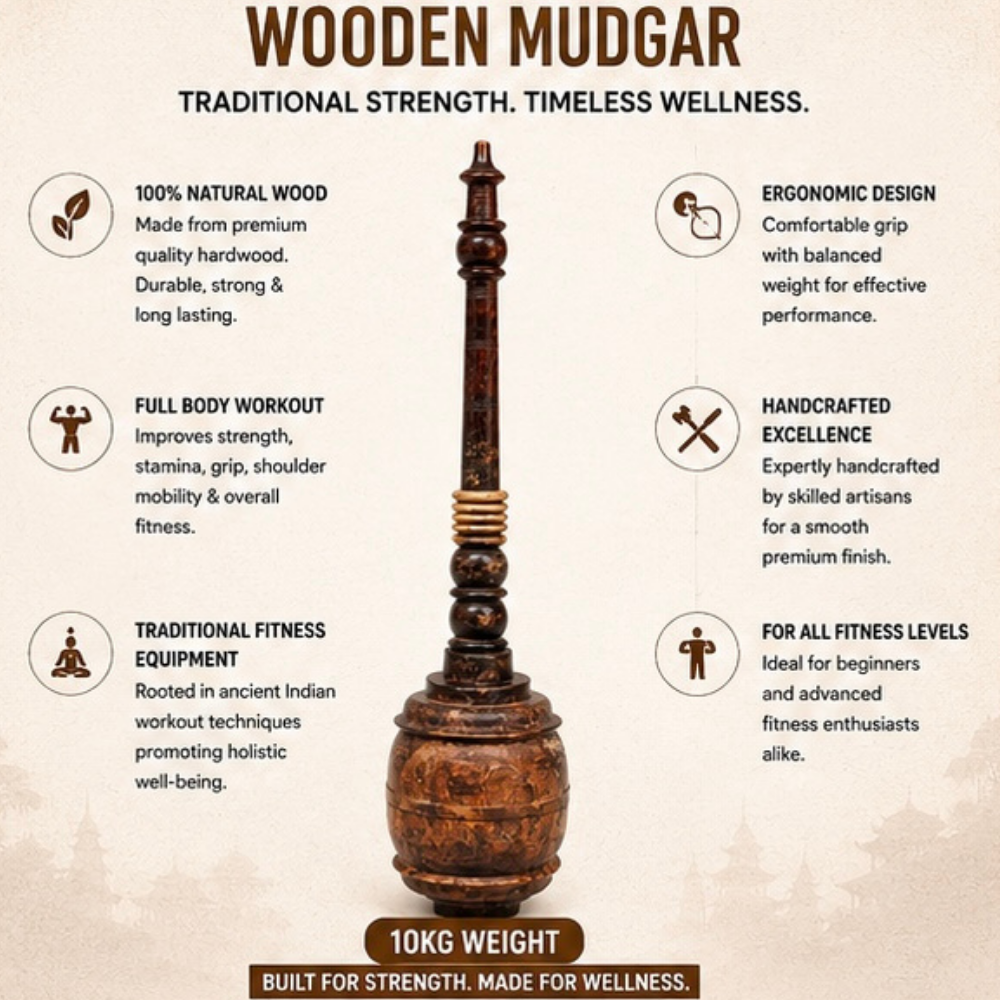 Wooden Hanuman Gada Mugdar for Akhada, Traditional Indian Strength Training Club for Exercise & Muscle Workout | 10 Kg - Image 3